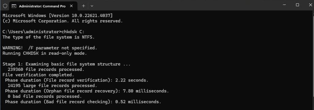 Checking drive C with chkdsk