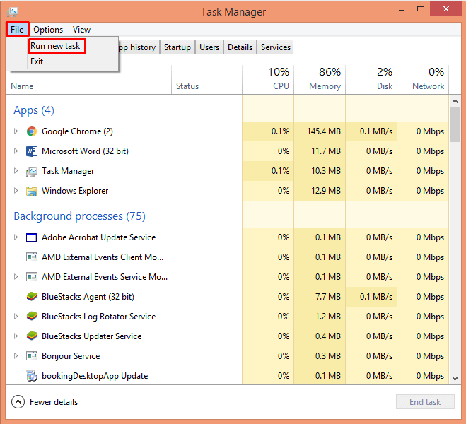 Screenshot: Click File , then Run new task , while still holding Ctrl .