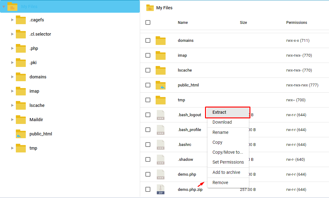 Screenshot: Click Extract . In some skins, right-click and choose Extract or Decompress .