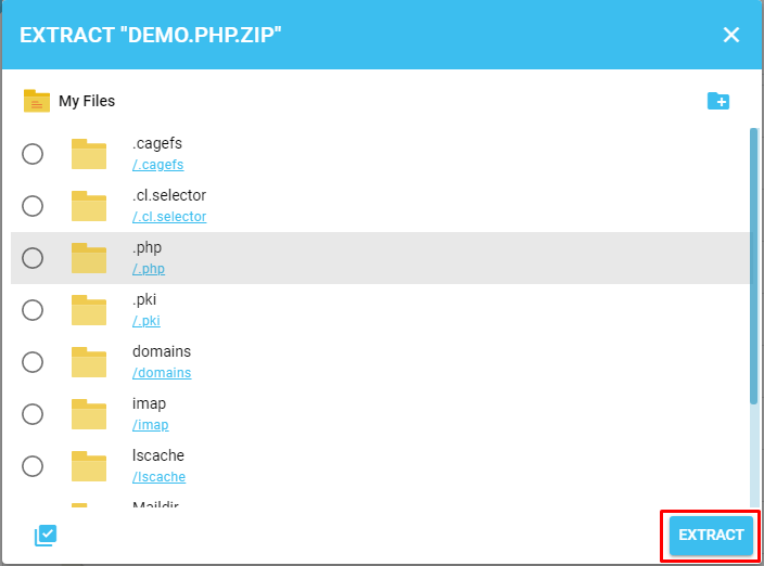 Screenshot: Select the archive, then click Extract .