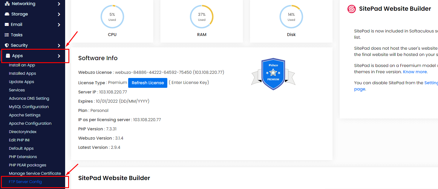 Screenshot: Find the FTP server in the list. Webuzo commonly offers Pure-FTPd or ProFTPD.