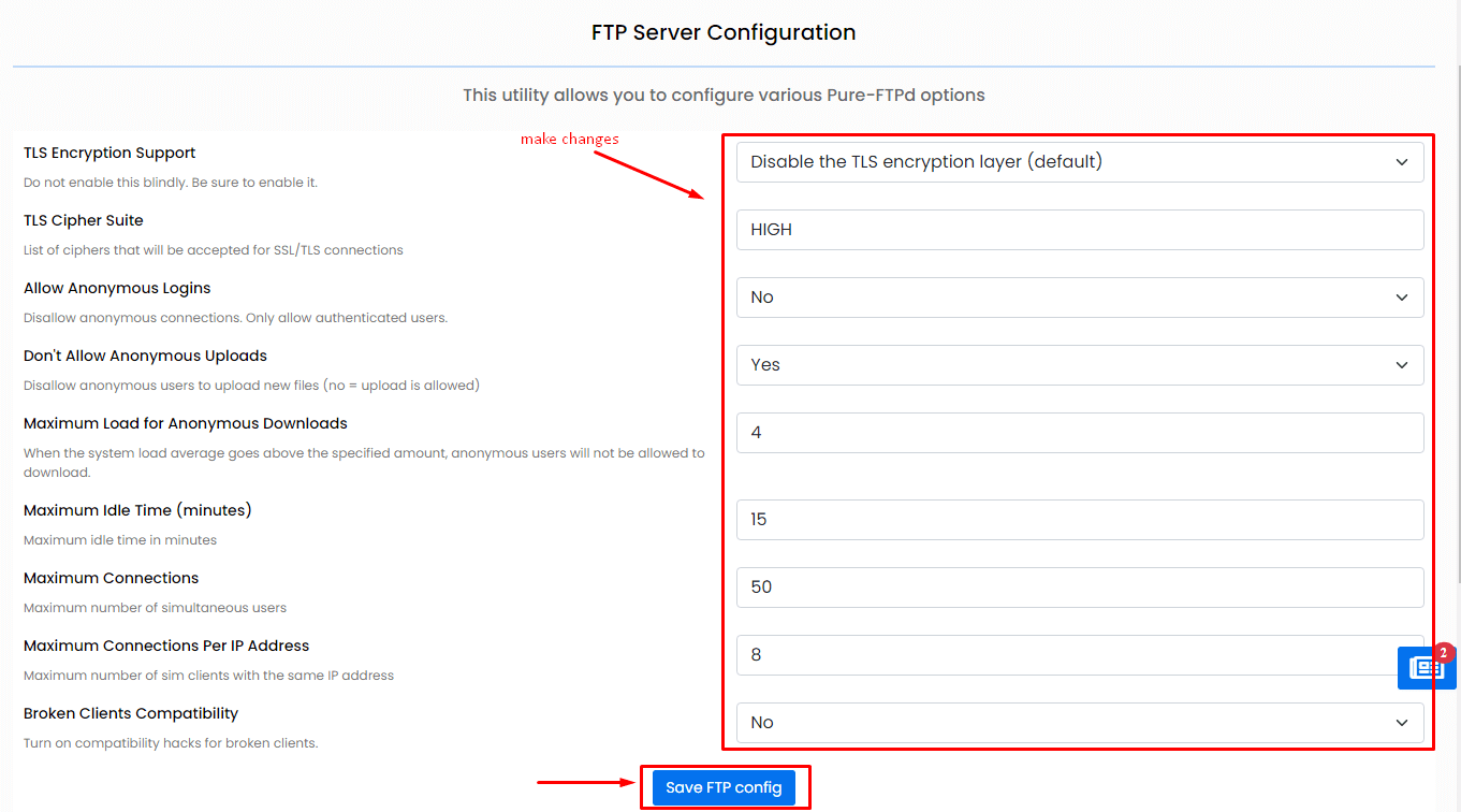 Screenshot: Warning: a wrong setting can stop all FTP logins. Note the old value before you change any