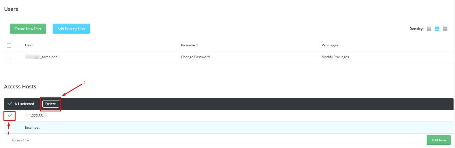 Screenshot: Go back to Access Hosts . Click Delete next to the address. Do this when you no longer nee
