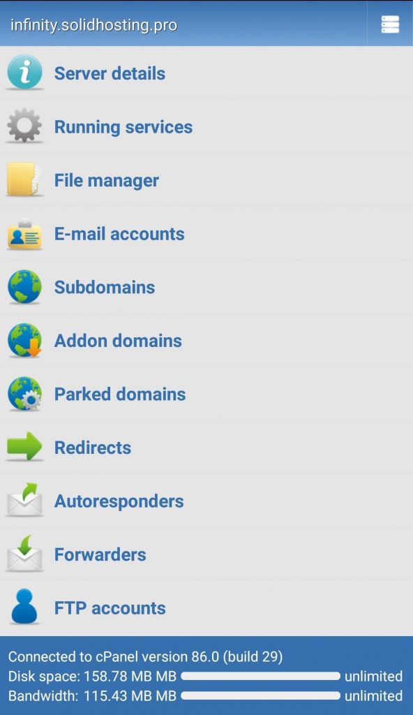 Screenshot: cPanel works in a normal phone browser.