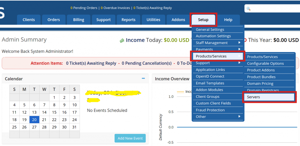 Screenshot: Go to Setup , then Products/Services , then Servers .