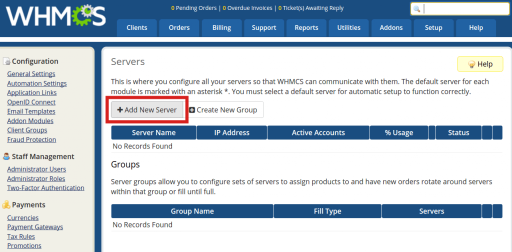 Screenshot: Click Add New Server .