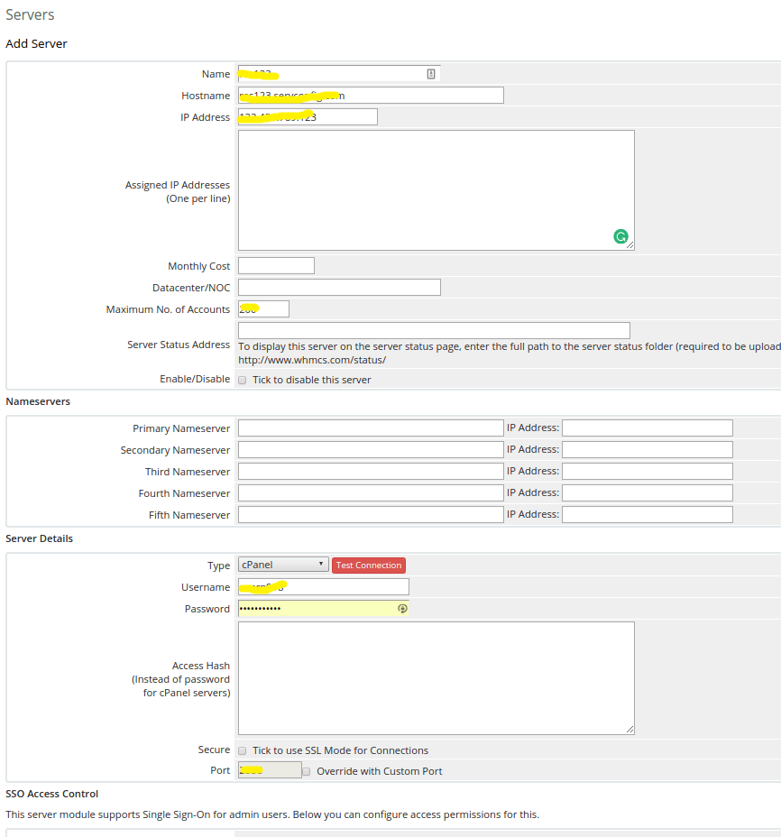 Screenshot: Fill in a name, the hostname or IP address, and the server's nameservers. Nameservers are