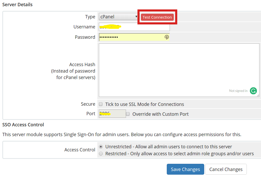 Screenshot: Click Test Connection .