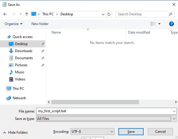 Saving the file with the .bat extension
