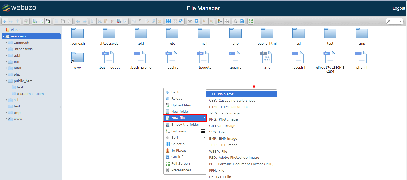 Screenshot: The new file shows in the list.