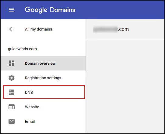 Screenshot: Open the DNS page from the left menu.