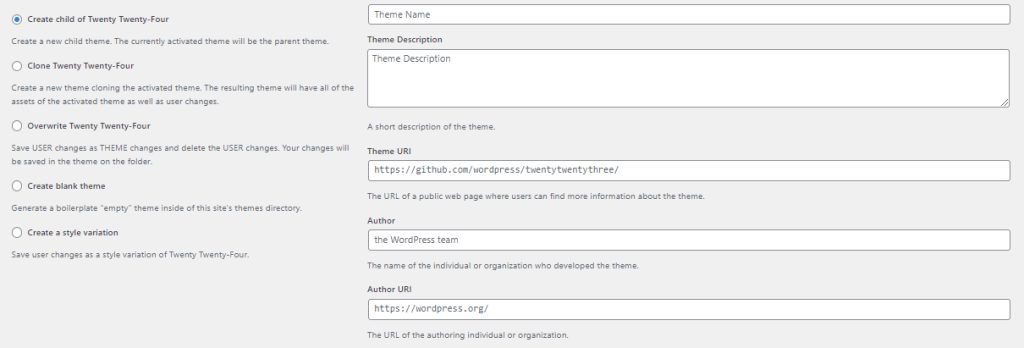 The child theme information