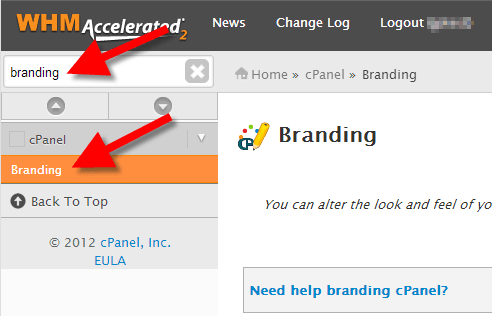 Screenshot: In the search box on the left, type Branding .