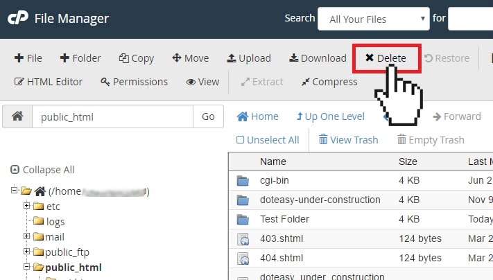 Screenshot: Select the file in File Manager and click Delete .
