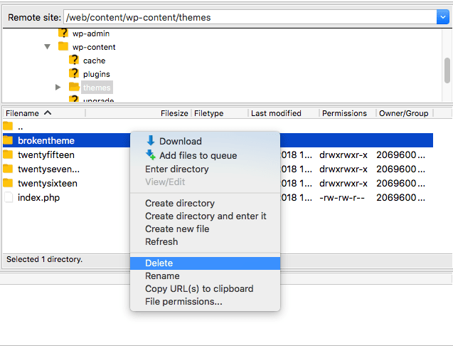 Screenshot: Right-click the folder of the theme you want to remove.