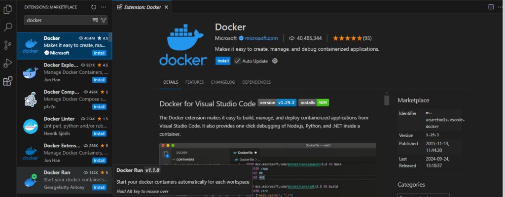 The Docker extension in the marketplace