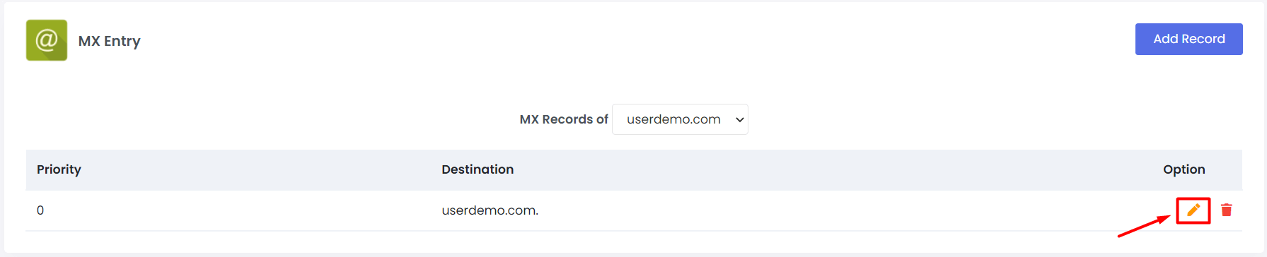 Screenshot: Click the edit icon next to the MX record.