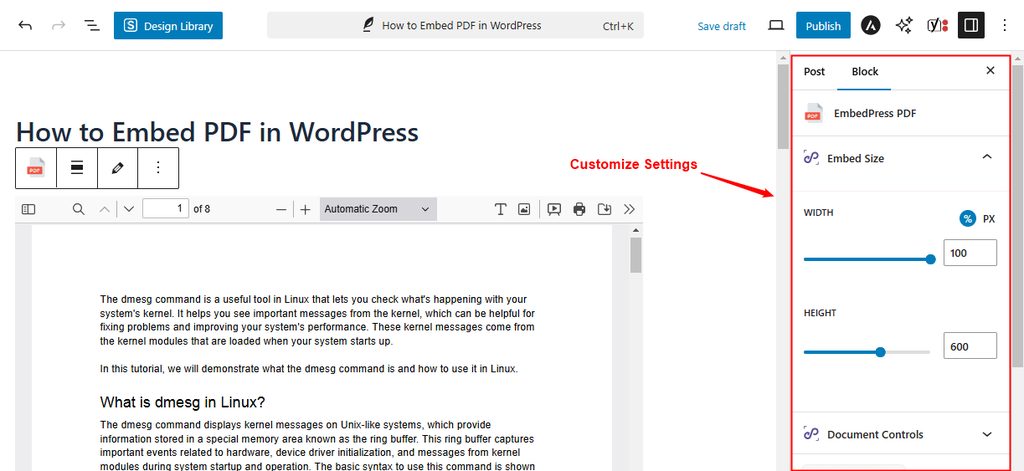 The embed options