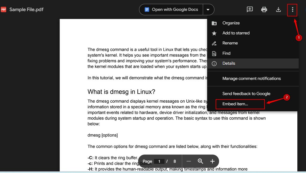The Embed item option