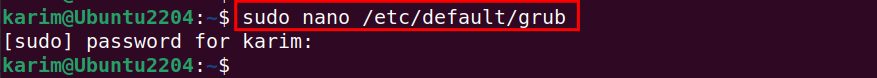 The GRUB file in nano