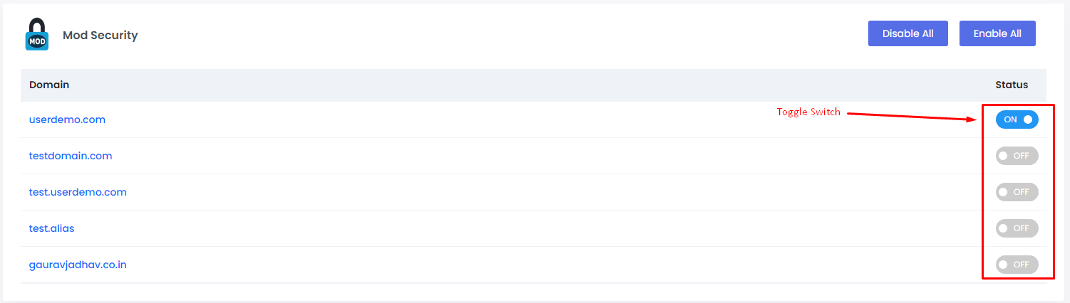 Screenshot: Use the ModSecurity tool in Webuzo to switch it per domain.