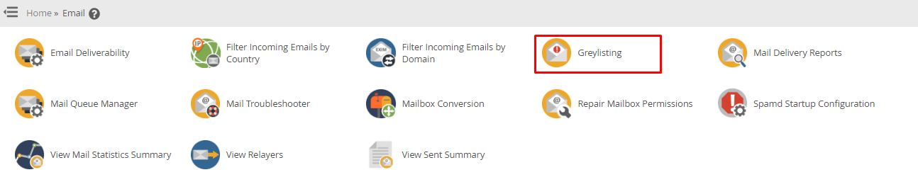 Screenshot: Type Greylisting in the search box at the top left.