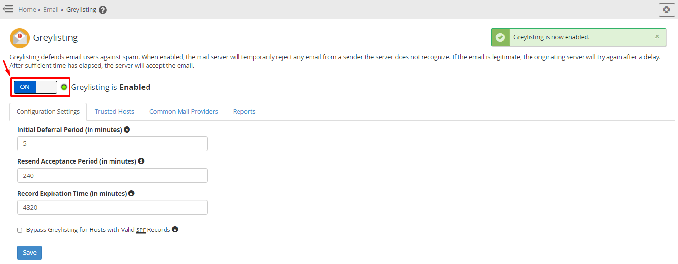 Screenshot: Find the switch called Enable Cpanel Greylisting .