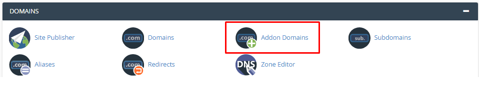 Screenshot: Go to Domains in cPanel and click Manage next to the addon domain.