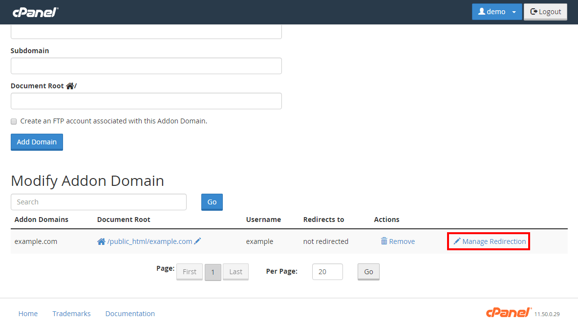 Screenshot: Go to Domains in cPanel and click Manage next to the addon domain.