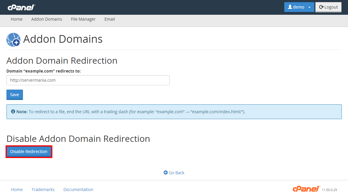 Screenshot: An addon domain can redirect if a rule is set in cPanel or .htaccess.