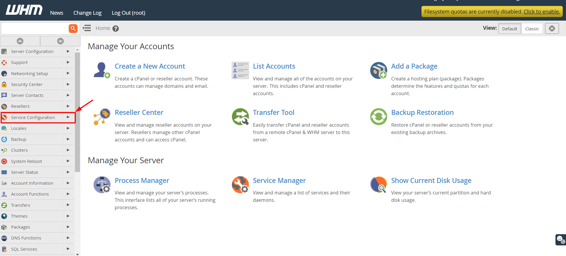 Screenshot: Log in to WHM as root .
