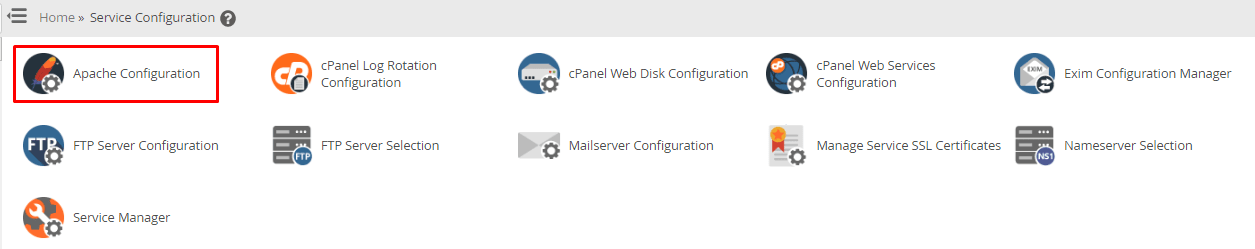 Screenshot: Click Apache Configuration , then Global Configuration .