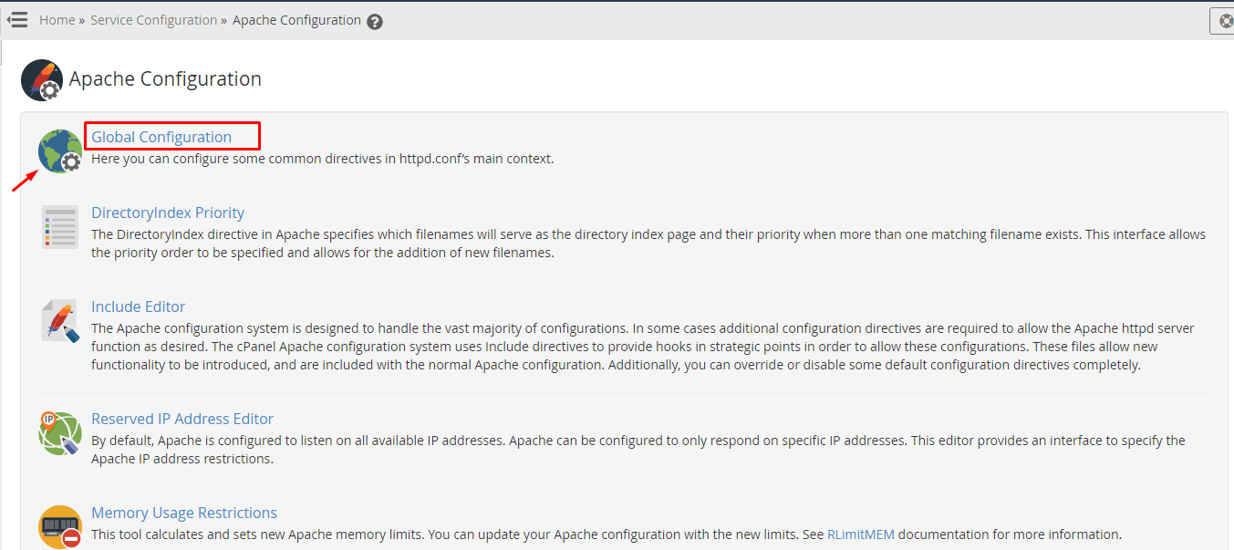 Screenshot: Click Apache Configuration , then Global Configuration .