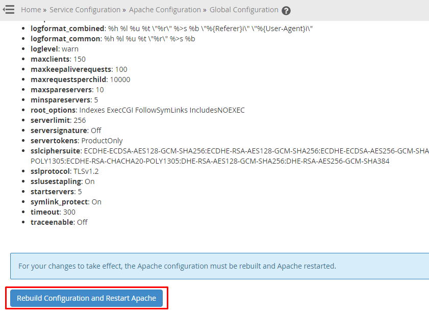 Screenshot: Click Rebuild Configuration and Restart Apache . Apache is the program that serves web pag