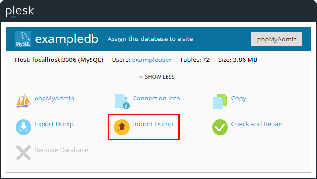 Screenshot: In Plesk, you can also use Import Dump in the Databases list. Choose the file and click OK