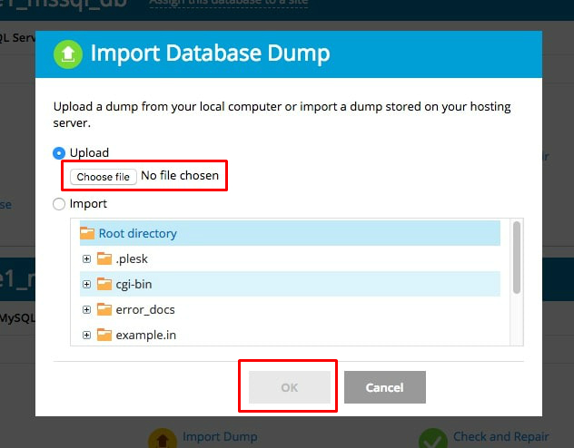 Screenshot: In Plesk, you can also use Import Dump in the Databases list. Choose the file and click OK