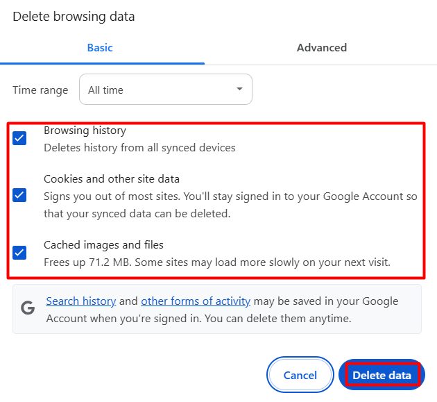 Deleting the browsing data