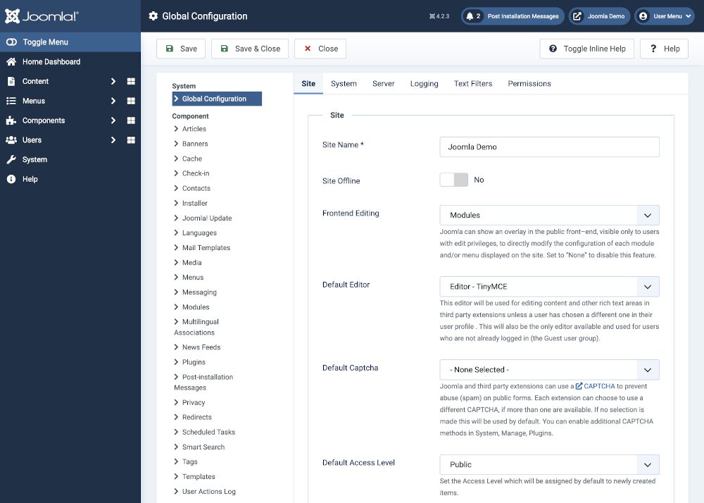 The mail settings in Global Configuration