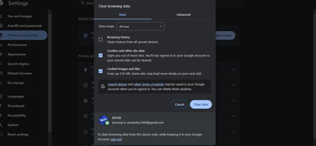 Clearing the browser data