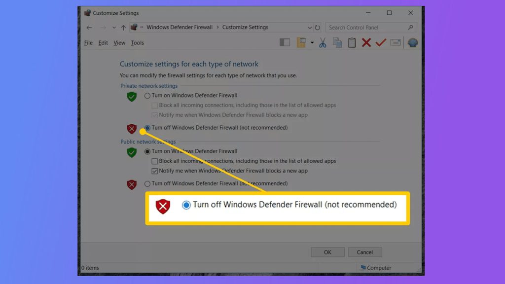 Turning off Windows Firewall