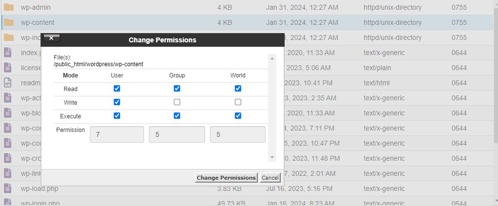 File permissions in wp-content