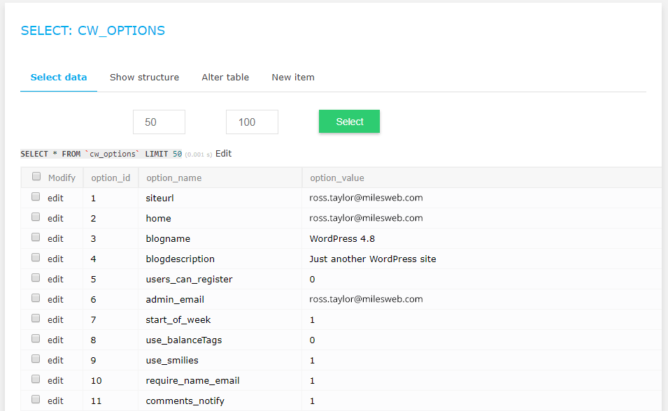 Screenshot: Check the four database lines in wp-config.php .