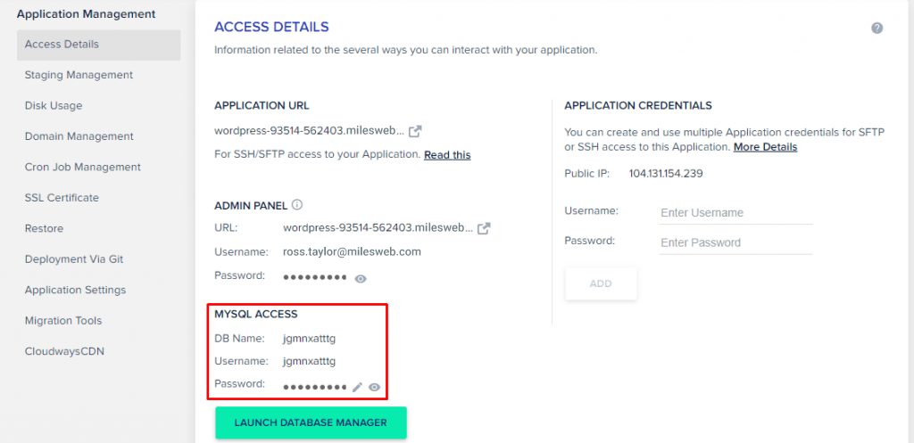 Screenshot: Reset the user password and link the user to the database.