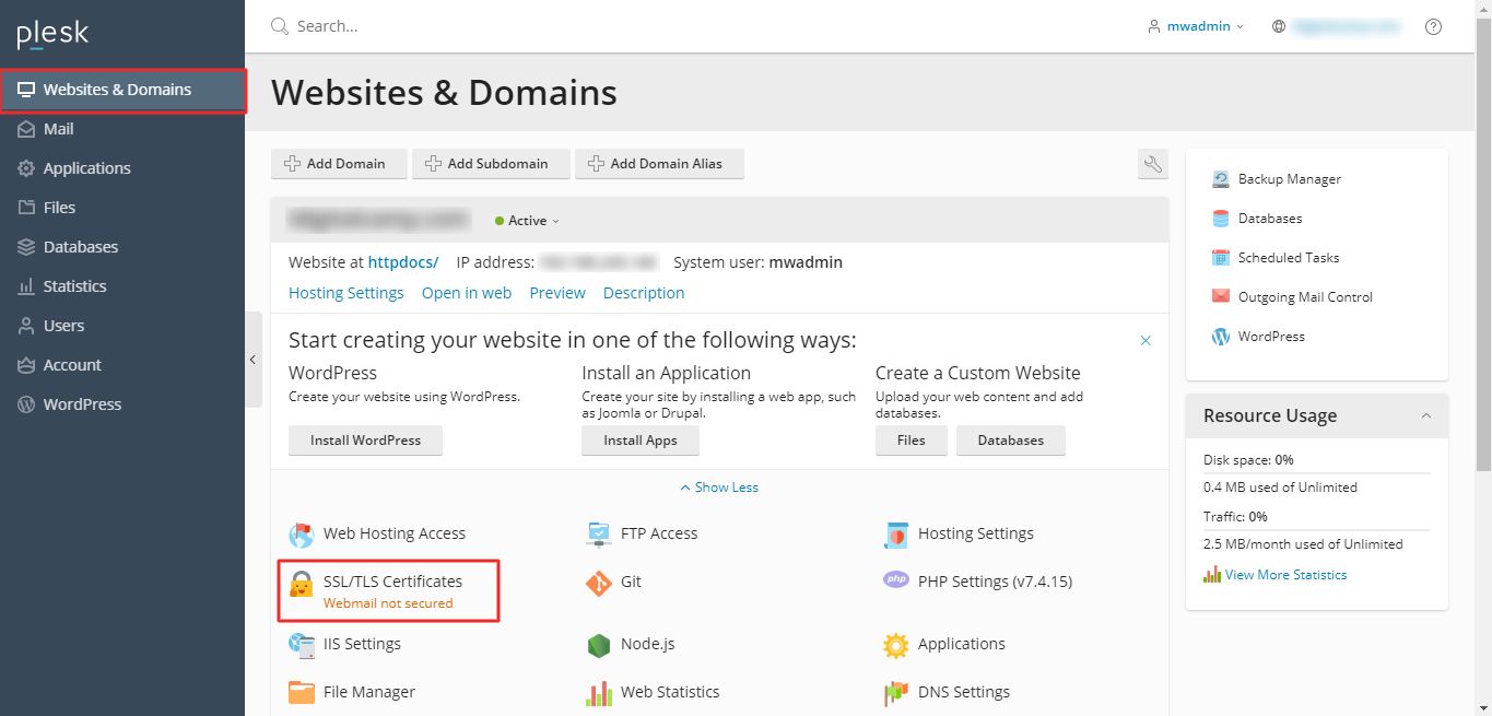 Screenshot: Click Websites & Domains .