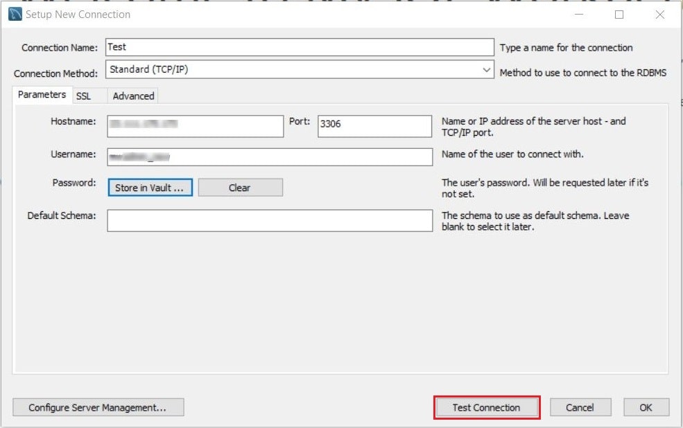 Screenshot: Click Test Connection .