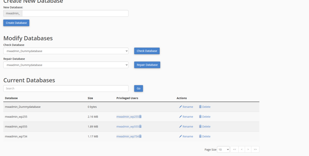 database name, username and password