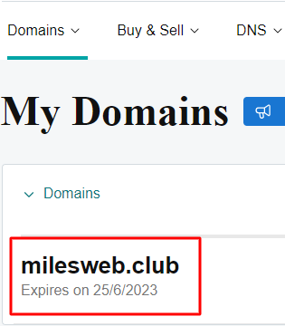 Screenshot: Type ns1 in the host name box. GoDaddy adds the domain for you.