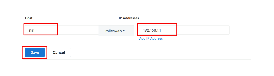 Screenshot: Add ns1 and ns2 under Hostnames at GoDaddy.