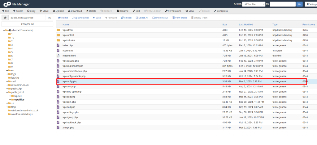 view the wp-config.php file