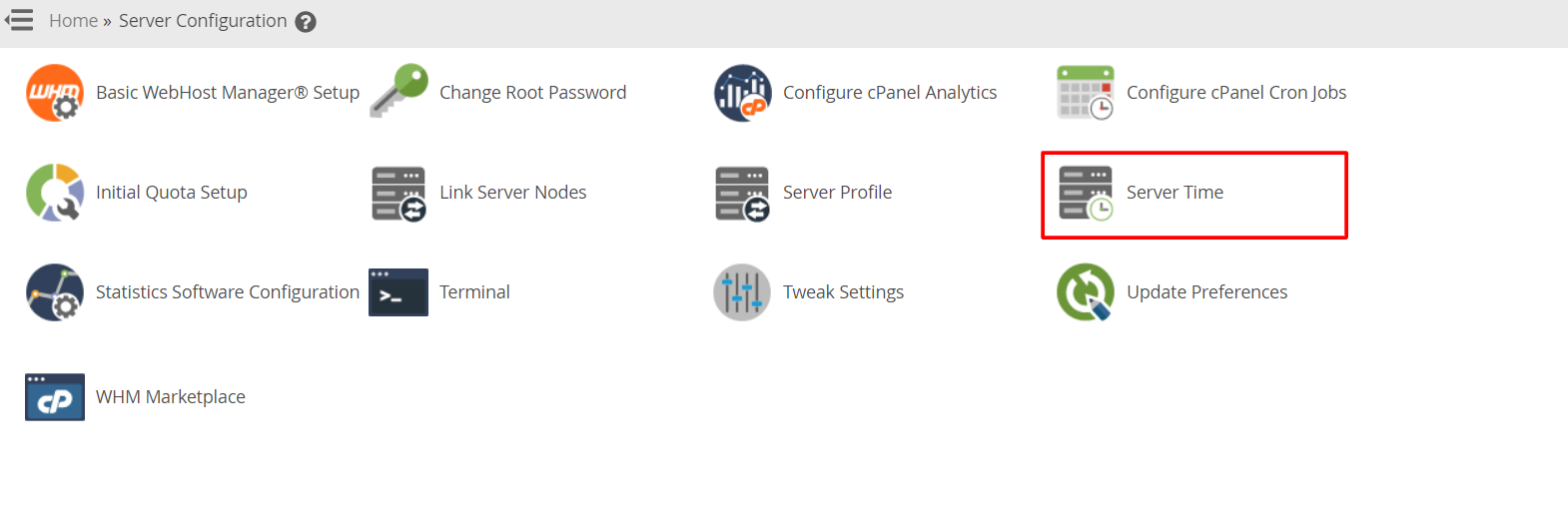 Screenshot: Type Server Time in the search box.